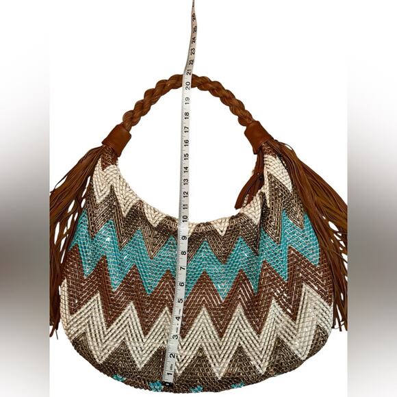 Big Buddha boho chic teal & brown medium chevron hobo with fringe - Picture 6 of 8